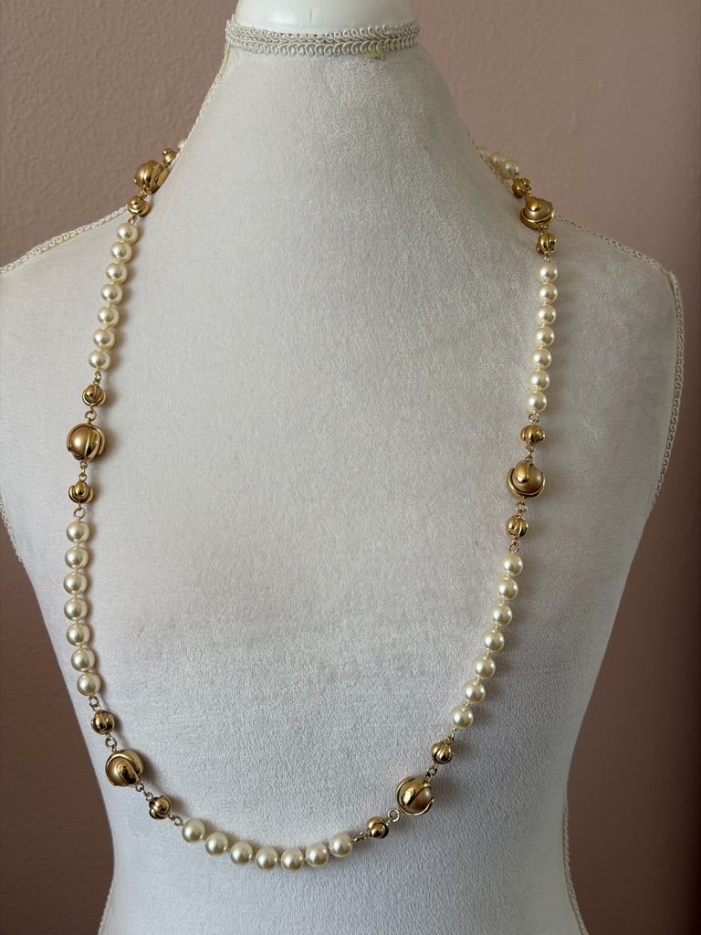 St. John Designer Faux Pearl & Gold Ball Station Necklace With Clip-On Earrings